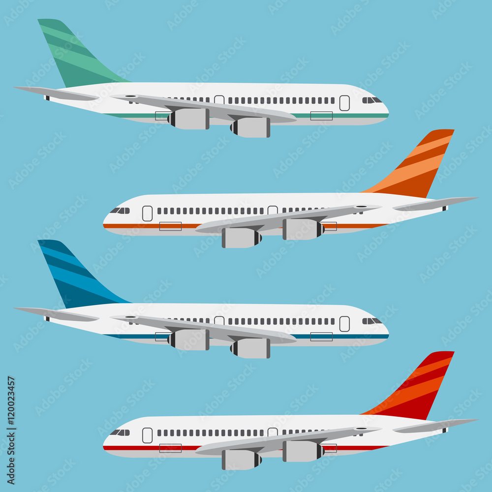 Set of colorful flat airplanes.