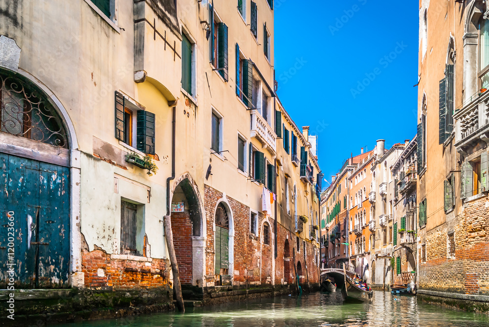 Venice city canal view. / View at architecture in colorful canals in Venice city, Italy Europe.