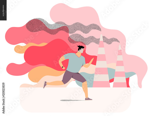 Young man running in smog, gas-polluted air. Flat vector cartoon illustration of a young sportsman running along the urban street, with a lot of smoke and industrial pipes smoking on the background.