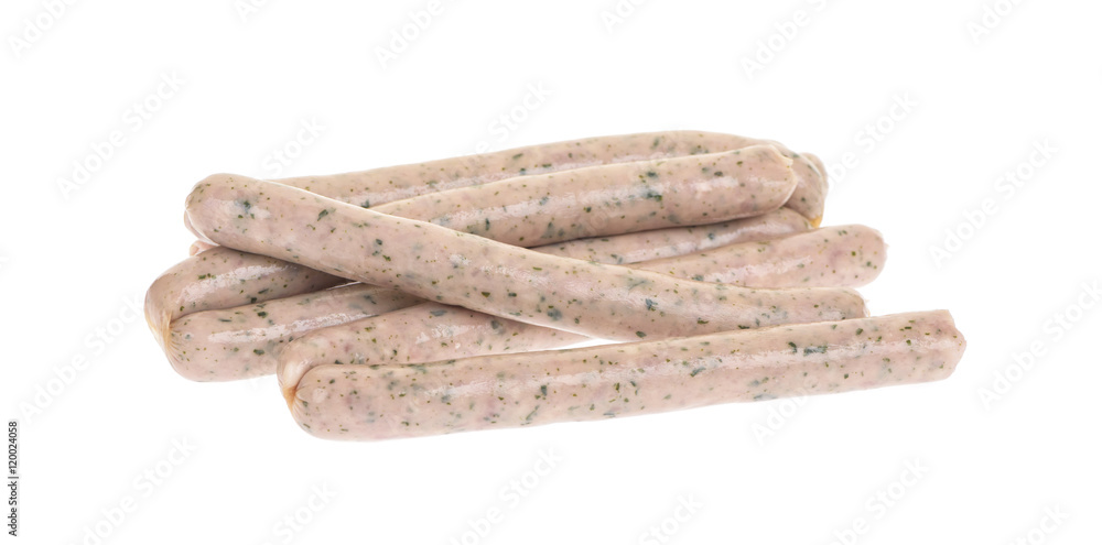 Raw pork sausages (weisswurst) on white background. Raw pork sausages (weisswurst) on white background.