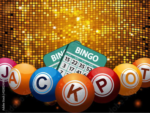 Bingo balls jackpot and cards over disco wall