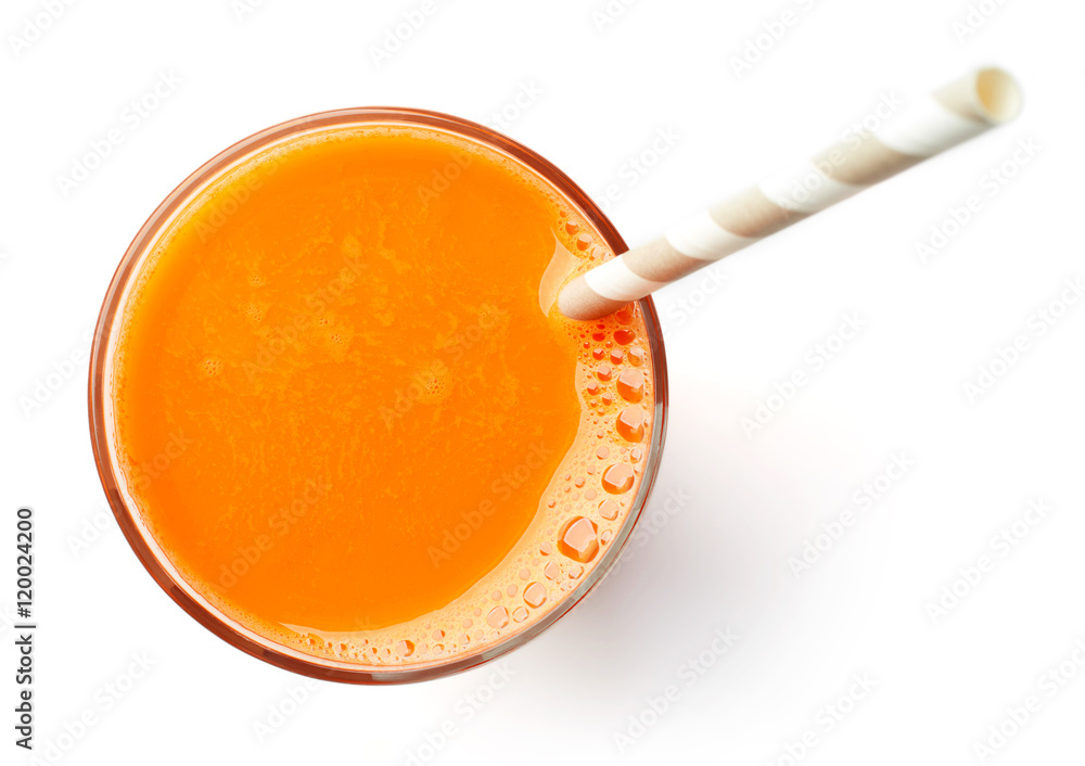 glass of fresh carrot juice isolated on white, from above glass of fresh carrot juice isolated on white, from above