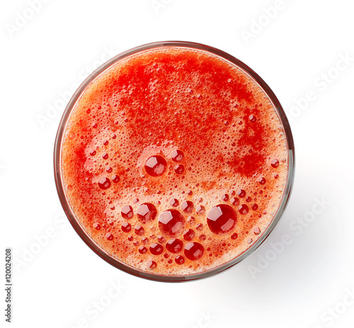 glass of fresh tomato juice isolated on white, from above