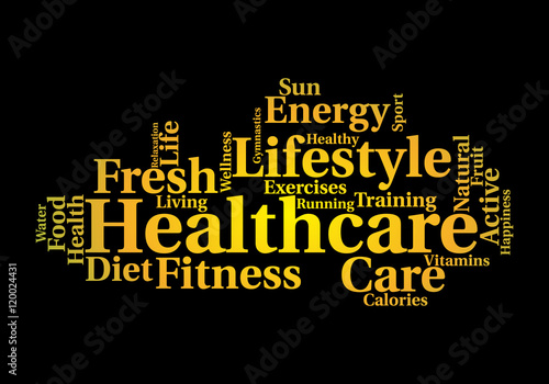Healthcare word cloud on black background. Active lifestyle concept.