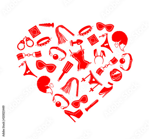 Sex toys BDSM heart, I love bdsm, Heart of BDSM accessories, vector illustration