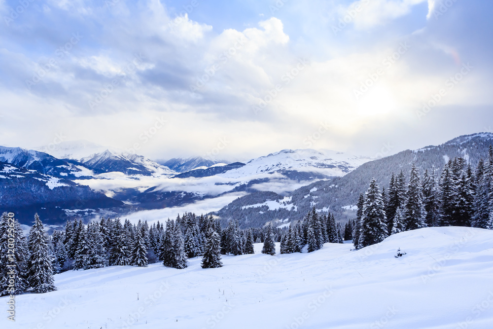 Mountains with snow in winter. Ski Resort Laax. Switzerland Mountains with snow in winter. Ski Resort Laax. Switzerland