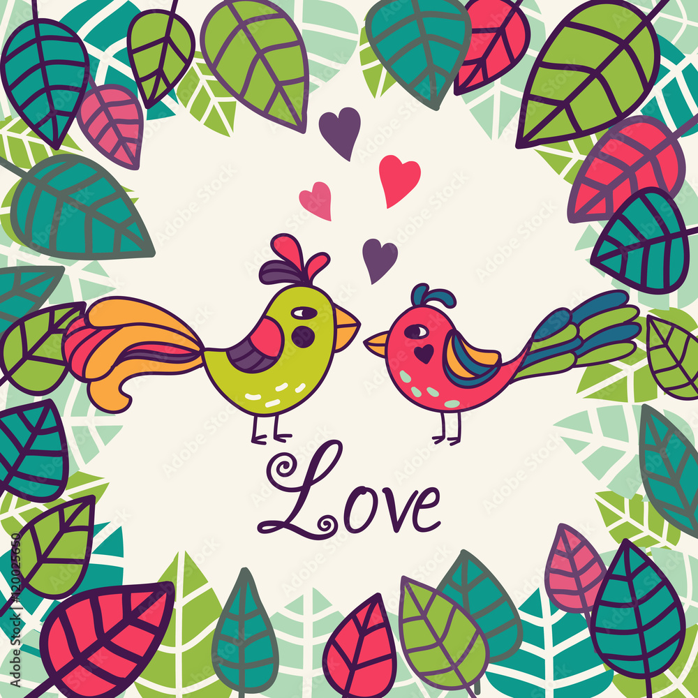 Cute card with leaves and birds