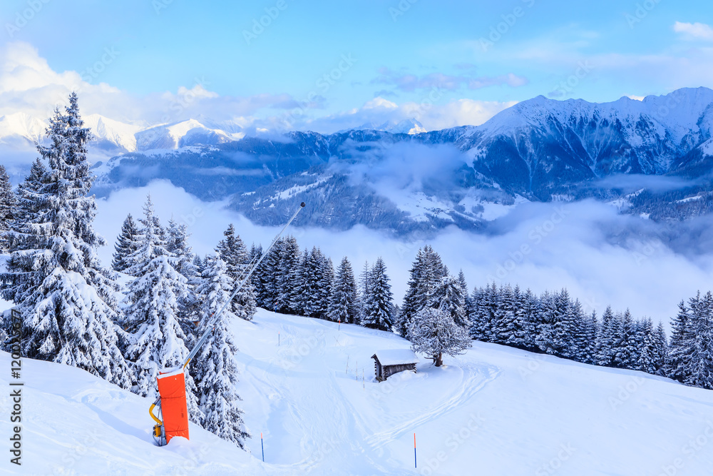 Mountains with snow in winter. Ski Resort Laax. Switzerland
