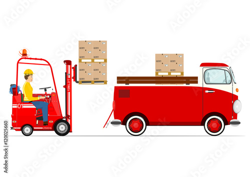Forklift and van in a retro style on a white background. Flat vector