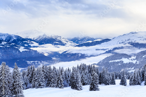 Mountains with snow in winter. Ski Resort Laax. Switzerland