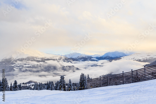 Mountains with snow in winter. Ski Resort Laax. Switzerland