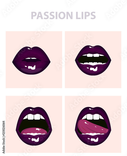 Set of 4 sexy open mouths, tongue hanging out, violet erotic seductive lips, passion