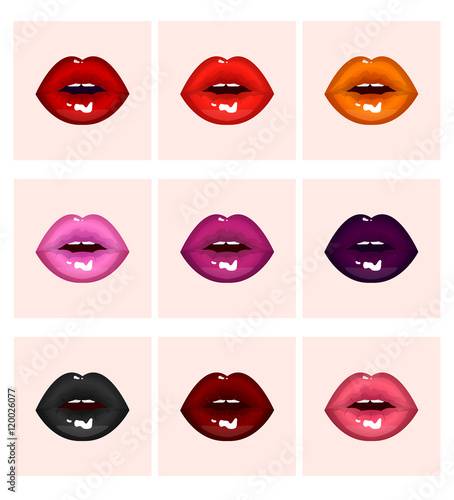 Wallpaper Mural Set sexy colored passion lips, shining lipstick: pink and orange, black and purple, red and violet Torontodigital.ca