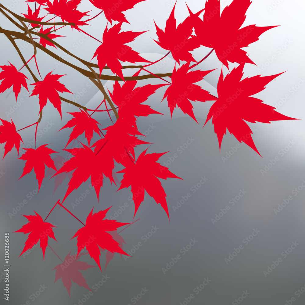 Red maple leaves on the branches. Japanese red maple on a background of mountains with snowy peaks. Landscape. illustration Red maple leaves on the branches. Japanese red maple on a background of mountains with snowy peaks. Landscape. illustration