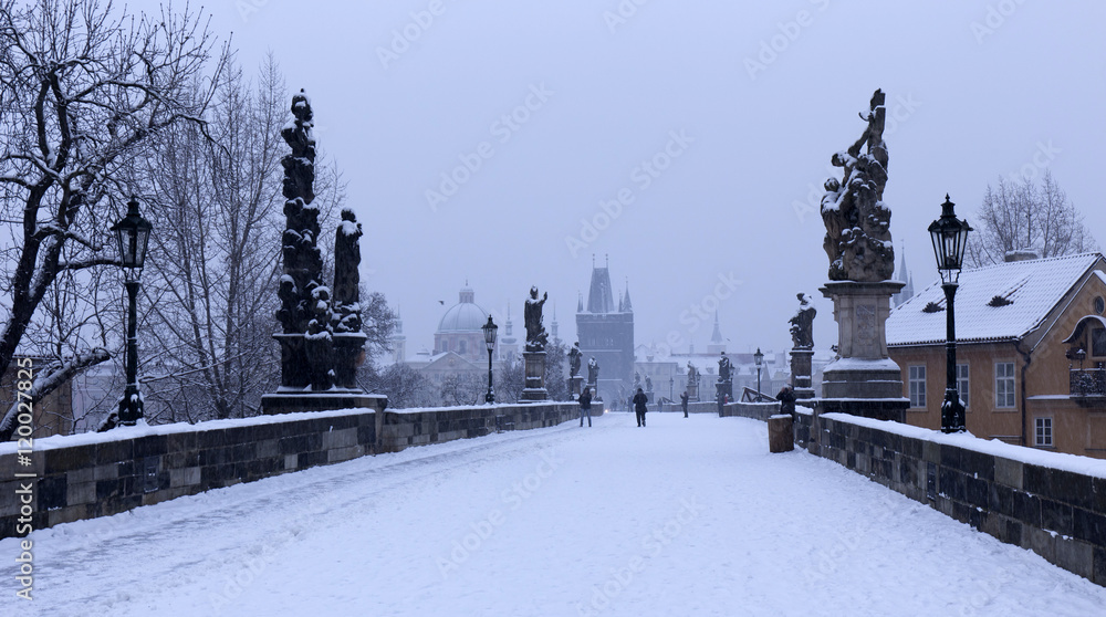 The morning View from Charles Bridge on bright Prague Old Town above the River Vltava, Czech Republic