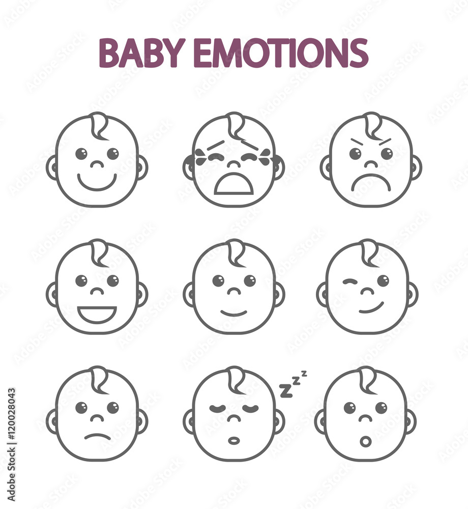 Newborn babies, monochrome set of kids emotions, children's faces, flat vector illustration Newborn babies, monochrome set of kids emotions, children's faces, flat vector illustration