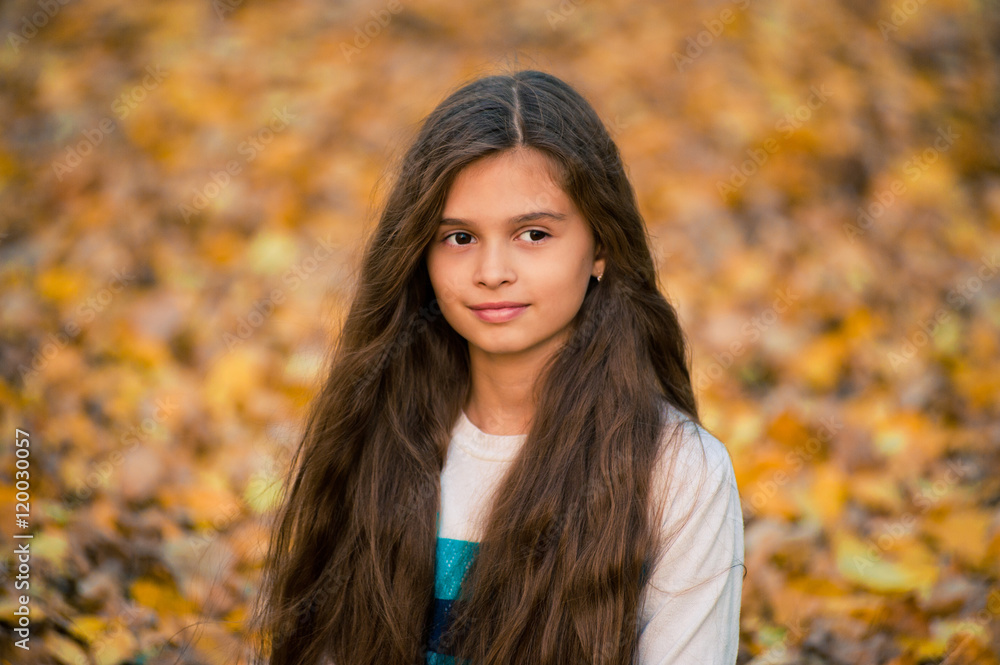 Portrait of pretty girl on the background yellow leaves Portrait of pretty girl on the background yellow leaves