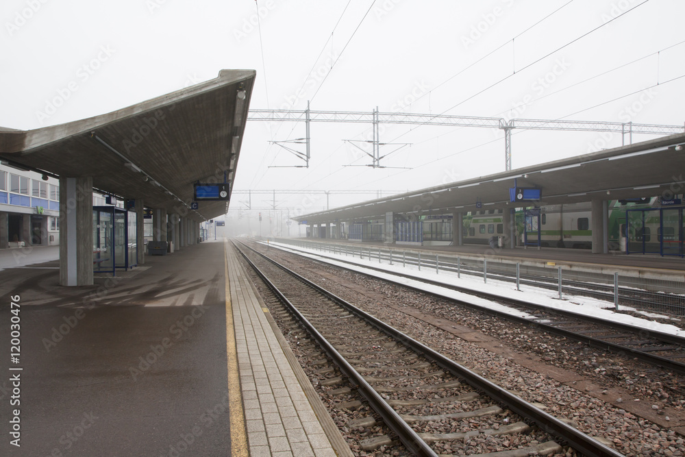 Kouvola, Finland 31 March 2016 - Kouvola railway station in fog. Kouvola, Finland 31 March 2016 - Kouvola railway station in fog.
