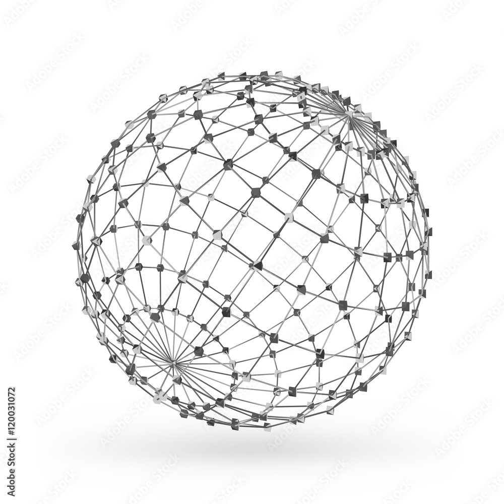 Wireframe polygonal geometric element. Sphere with connected lines and dots. Vector Illustration on white background with shade Wireframe polygonal geometric element. Sphere with connected lines and dots. Vector Illustration on white background with shade
