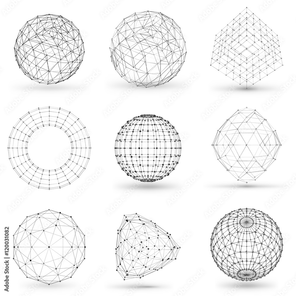 Set of wireframe polygonal elements. Abstract geometric 3D objects with connected lines and dots. Set of vector illustrations on white background with shades Set of wireframe polygonal elements. Abstract geometric 3D objects with connected lines and dots. Set of vector illustrations on white background with shades