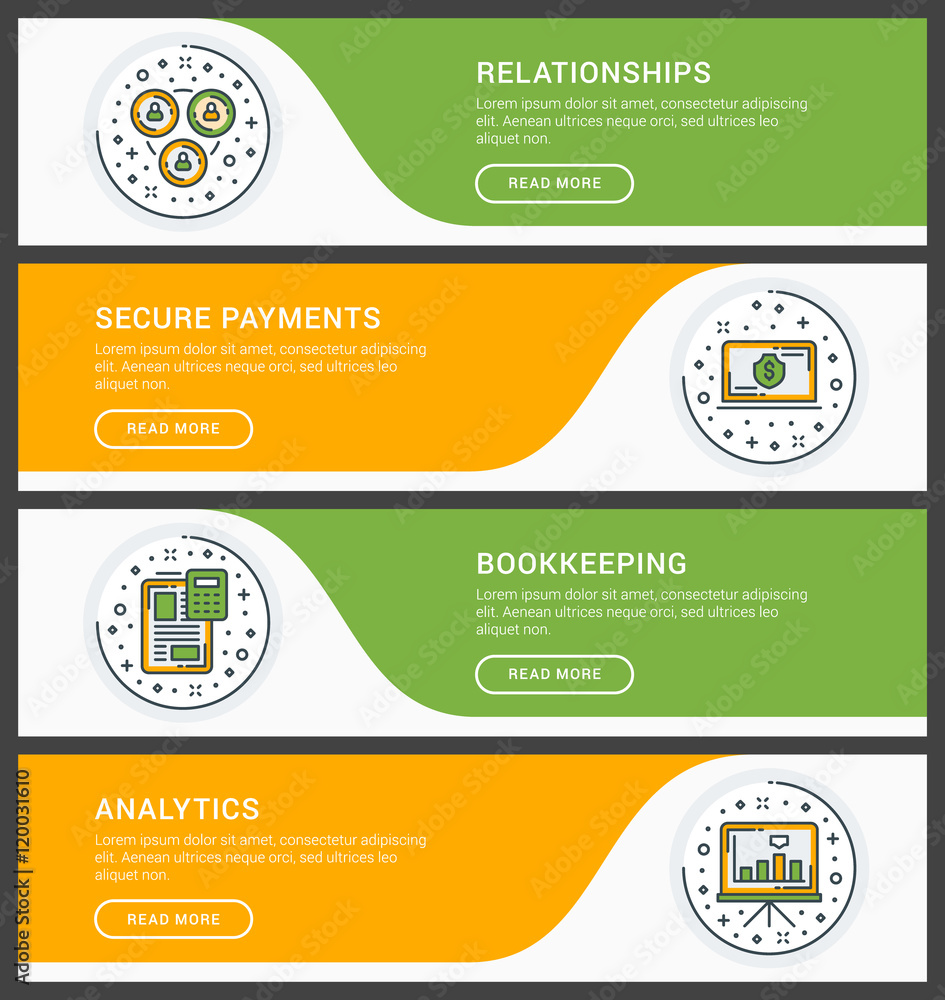 Set of flat line business website banner templates. Vector illustration. Modern thin line icons in circle. Relationship, Secure Payments, Bookkeeping, Analytics Set of flat line business website banner templates. Vector illustration. Modern thin line icons in circle. Relationship, Secure Payments, Bookkeeping, Analytics