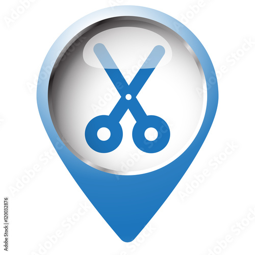 Map pin symbol with Scissors icon. Blue symbol on white backgrou