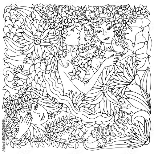 Floral decorative square element with surreal female faces, leaves, waves, branches and flowers. Black and white vector illustration for coloring pages or other.