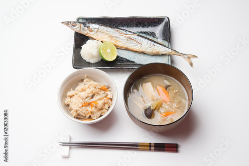 japanese autumn food, sanma, tonjiru, takikomi gohan photo