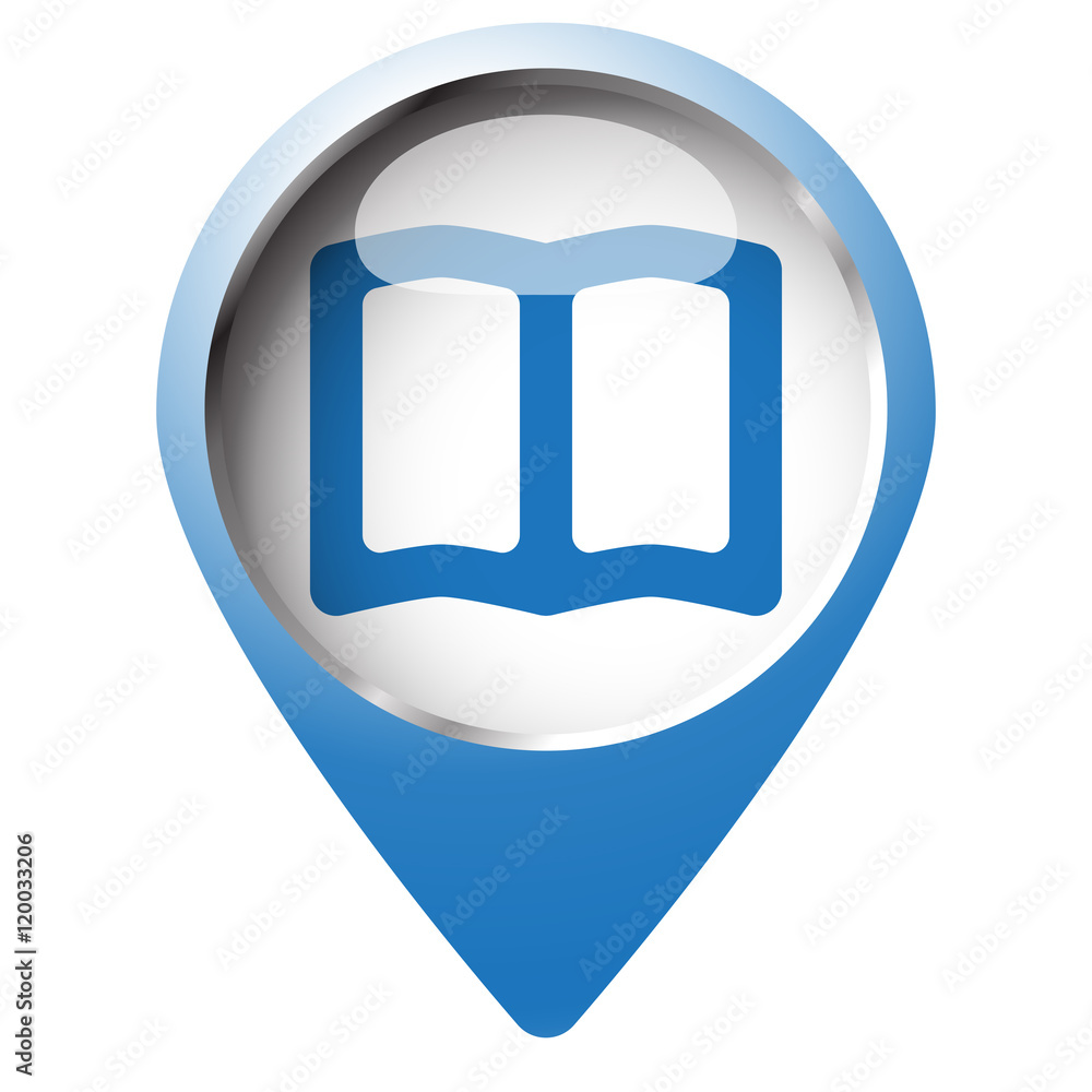 Map pin symbol with Book icon. Blue symbol on white background. Map pin symbol with Book icon. Blue symbol on white background.