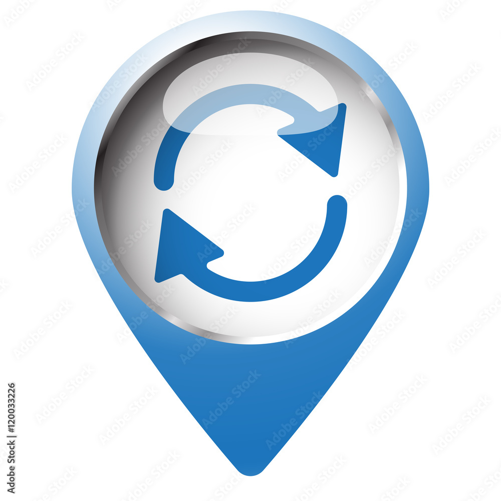 Map pin symbol with Refresh icon. Blue symbol on white backgroun Map pin symbol with Refresh icon. Blue symbol on white backgroun