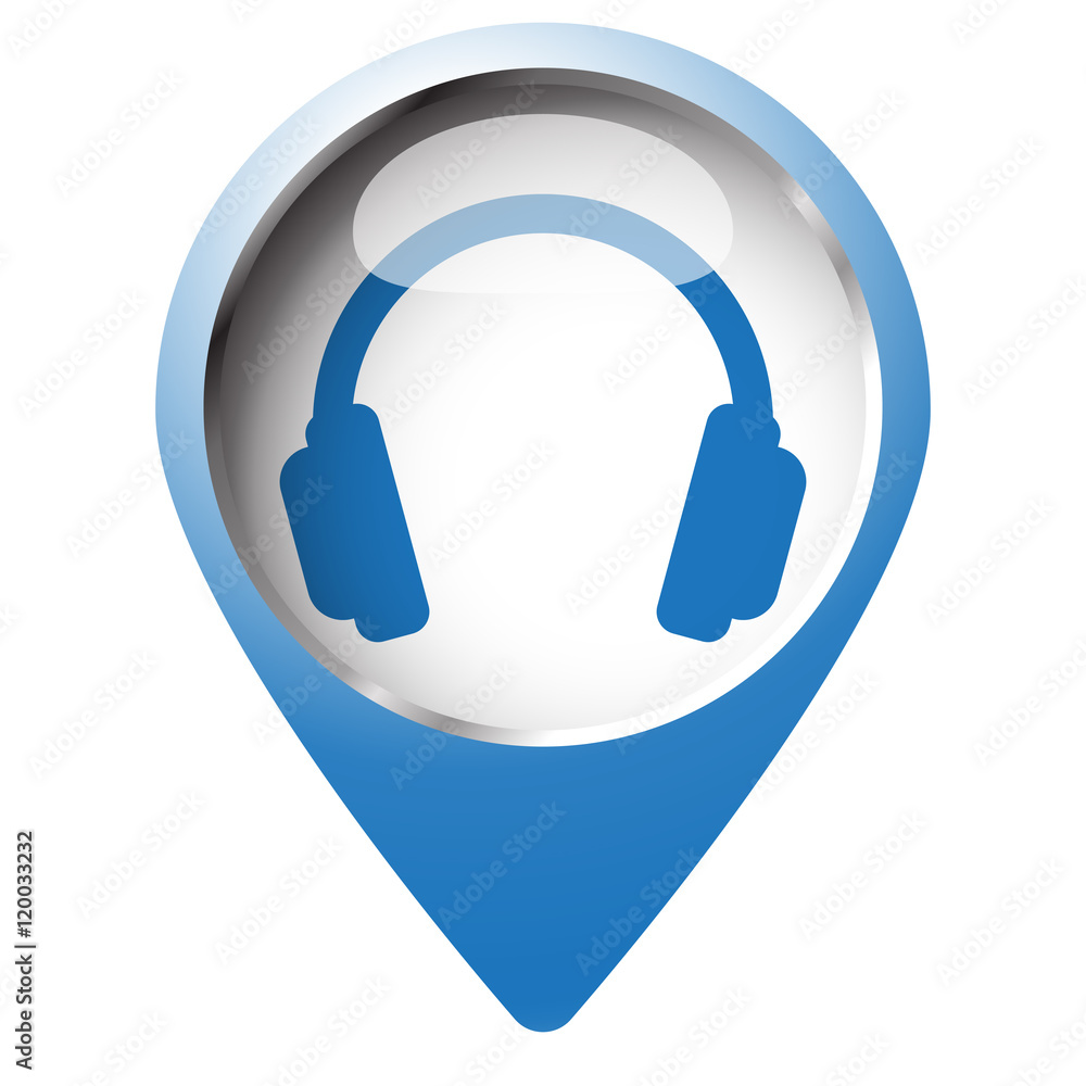 Map pin symbol with Headphones icon. Blue symbol on white backgr Map pin symbol with Headphones icon. Blue symbol on white backgr