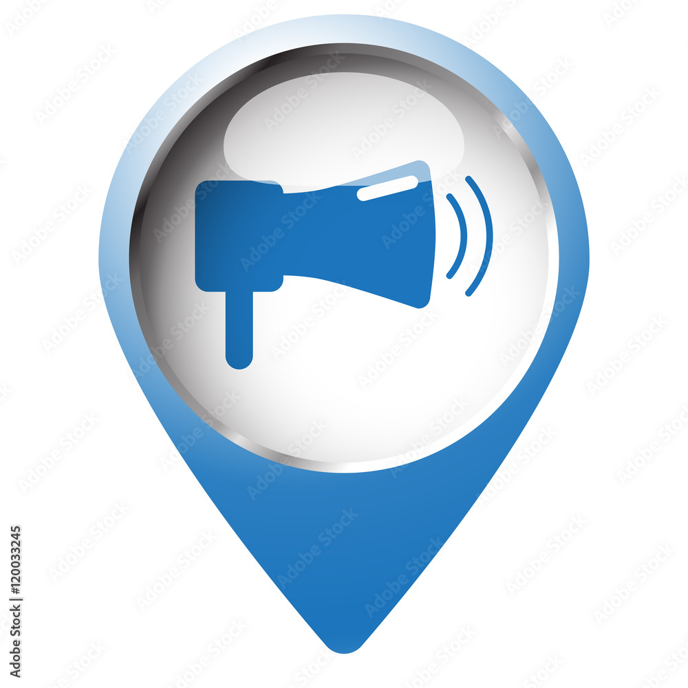 Map pin symbol with Megaphone icon. Blue symbol on white backgro Map pin symbol with Megaphone icon. Blue symbol on white backgro