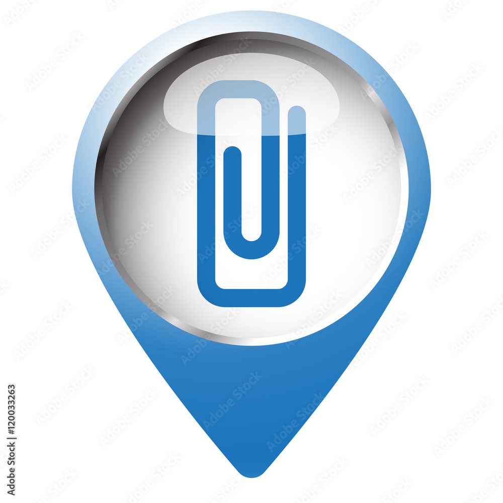 Map pin symbol with Paper Clip icon. Blue symbol on white backgr Map pin symbol with Paper Clip icon. Blue symbol on white backgr