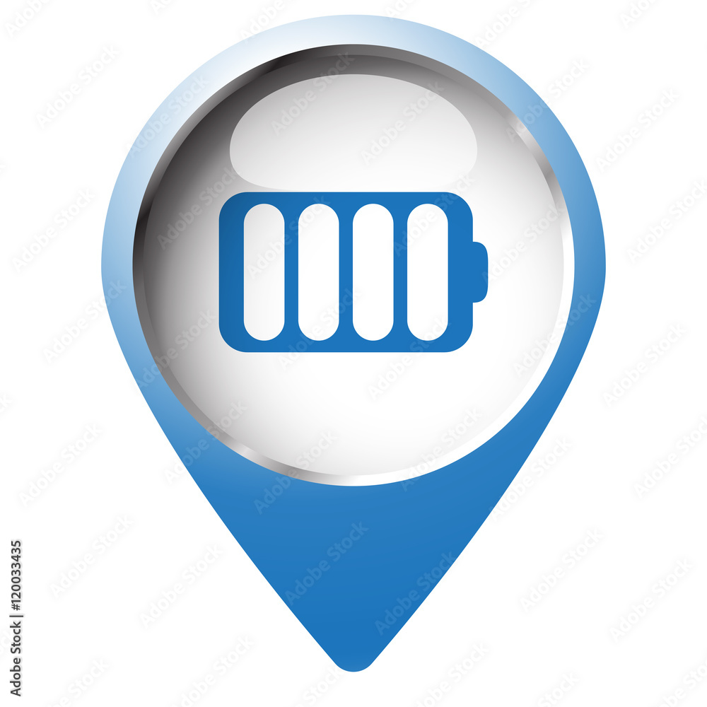 Map pin symbol with Battery icon. Blue symbol on white backgroun Map pin symbol with Battery icon. Blue symbol on white backgroun
