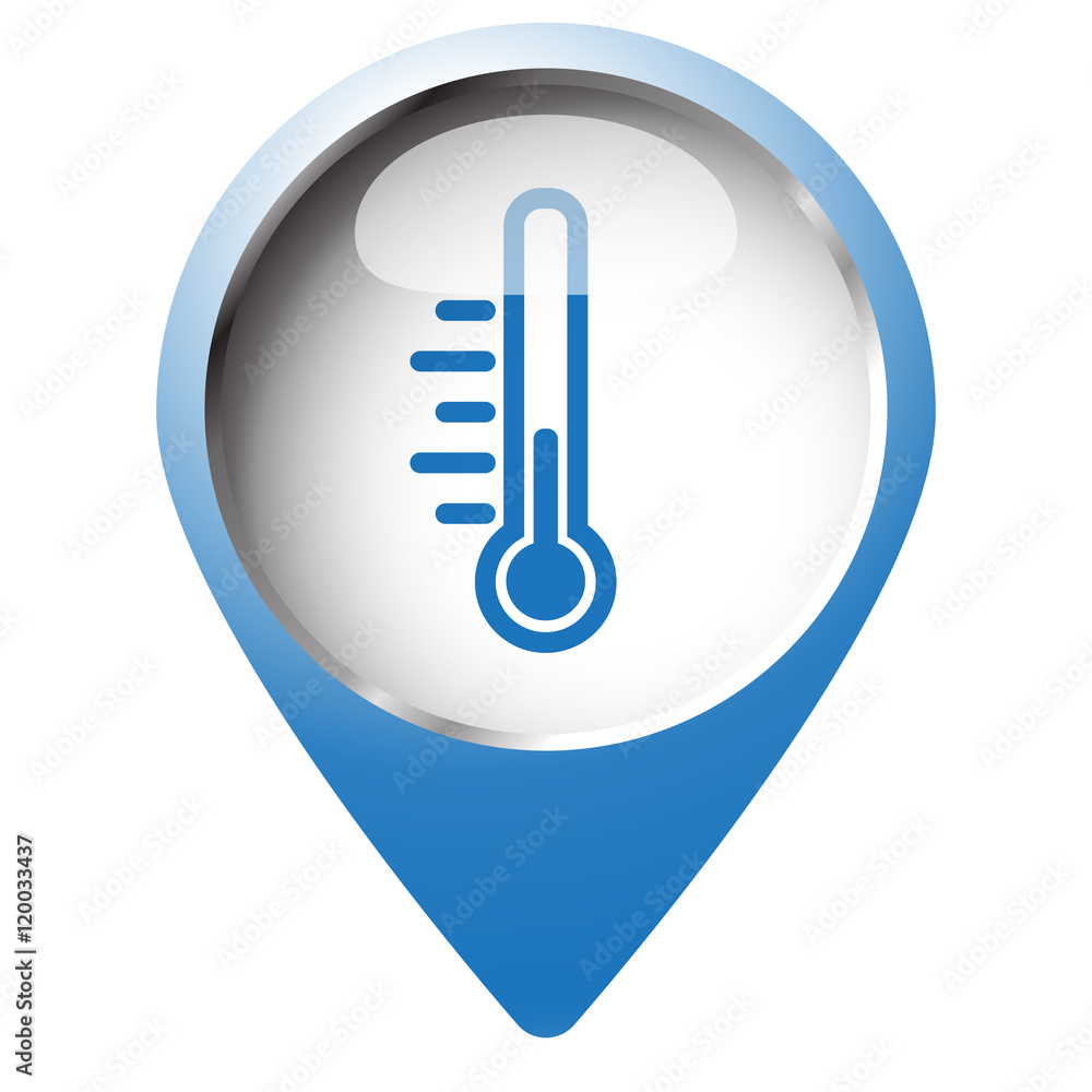 Map pin symbol with Temperature icon. Blue symbol on white backg Map pin symbol with Temperature icon. Blue symbol on white backg