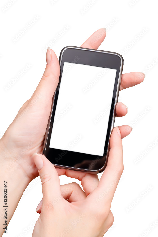 Woman hand holding the phone tablet touch gadget with blank display. On white with clipping path Woman hand holding the phone tablet touch gadget with blank display. On white with clipping path