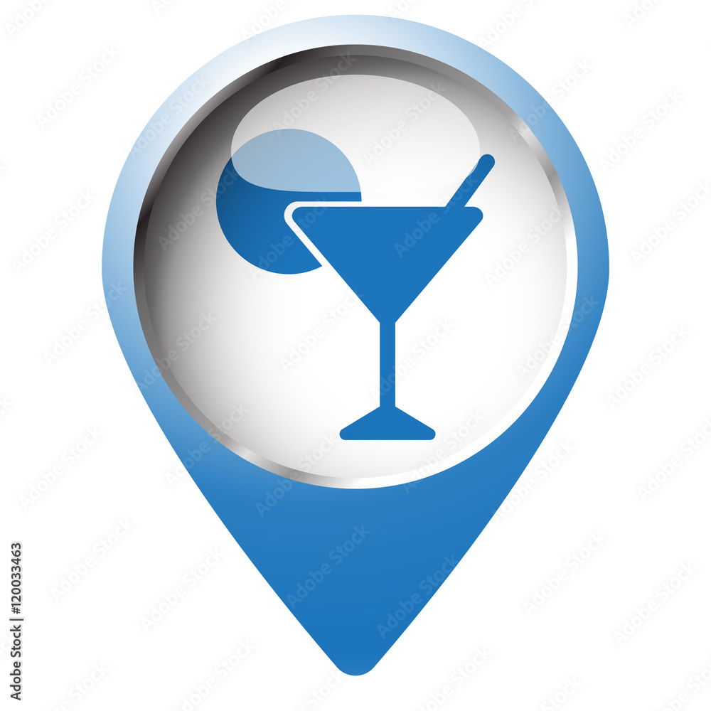 Map pin symbol with Cocktail icon. Blue symbol on white backgrou Map pin symbol with Cocktail icon. Blue symbol on white backgrou