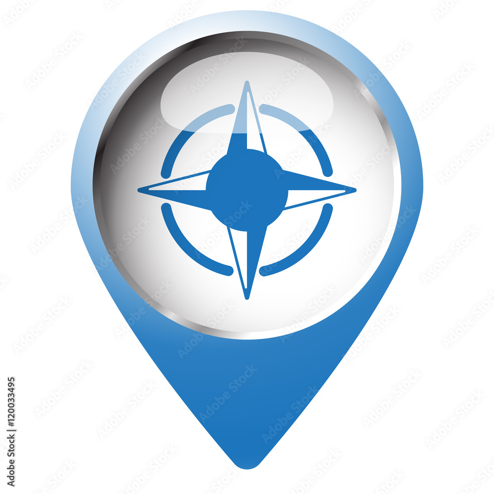 Map pin symbol with Compass Rose icon. Blue symbol on white back Stock ...