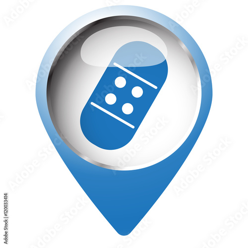 Map pin symbol with Adhesive Bandage icon. Blue symbol on white