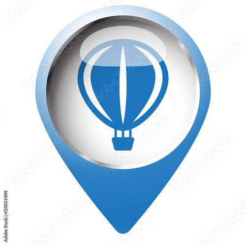 Map pin symbol with Air Balloon icon. Blue symbol on white backg