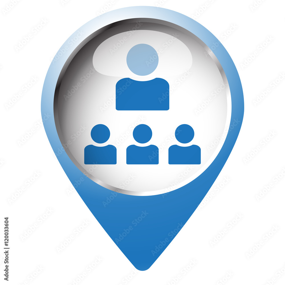 Map pin symbol with Organization icon. Blue symbol on white back Map pin symbol with Organization icon. Blue symbol on white back