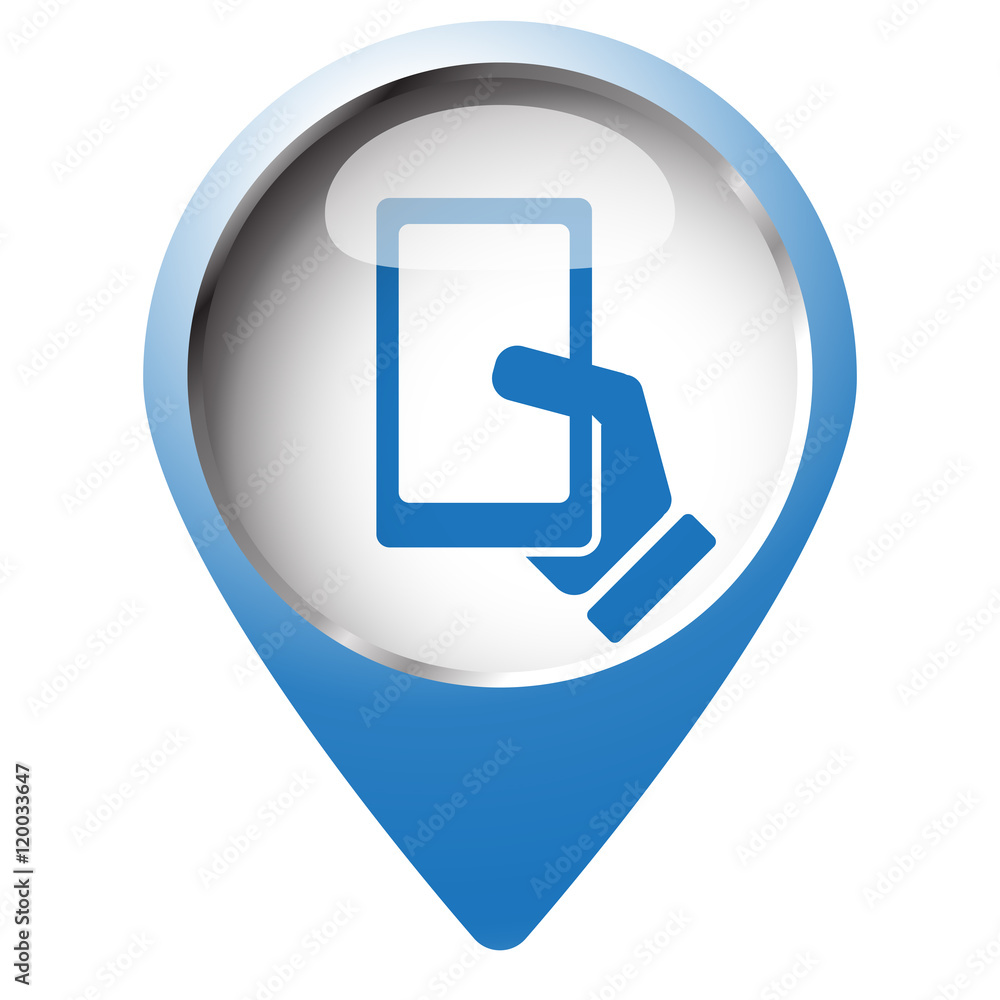 Map pin symbol with Smartphone icon. Blue symbol on white backg Map pin symbol with Smartphone icon. Blue symbol on white backg