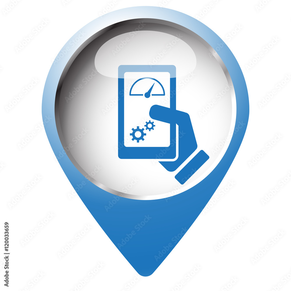 Map pin symbol with Smartphone Test icon. Blue symbol on white b