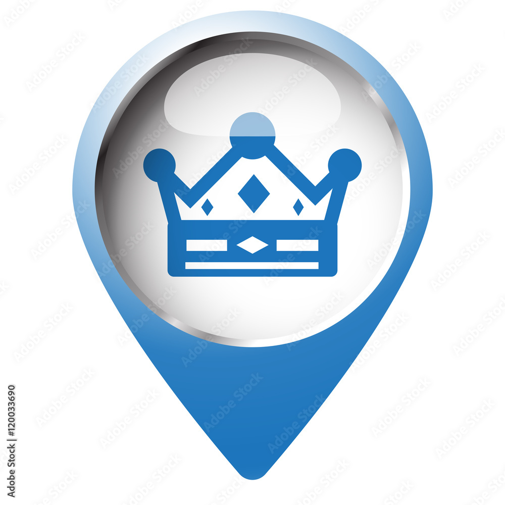 Map pin symbol with Crown icon. Blue symbol on white background. Map pin symbol with Crown icon. Blue symbol on white background.