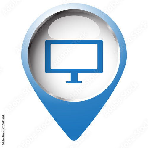 Map pin symbol with Computer Screen icon. Blue symbol on white b