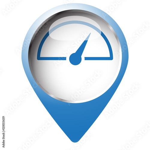 Map pin symbol with Speed Meter icon. Blue symbol on white backg