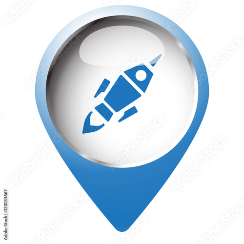 Map pin symbol with Rocket Launch icon. Blue symbol on white bac