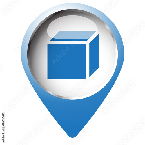 Map pin symbol with 3D Box icon. Blue symbol on white background photo