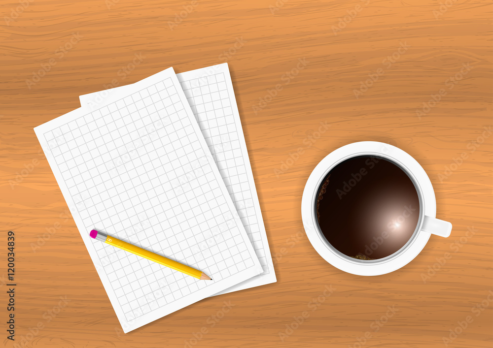 Vector Note Paper and a cup of coffee on wooden table Vector Note Paper and a cup of coffee on wooden table
