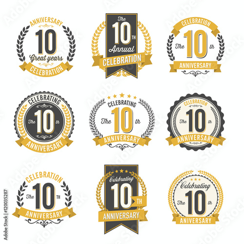 Set of Vintage Anniversary Badges 10th Year Celebration